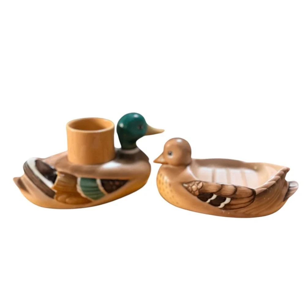 Vintage Ceramic Mallard Duck Bathroom Set Toothbrush Holder and Soap Dish 2pc